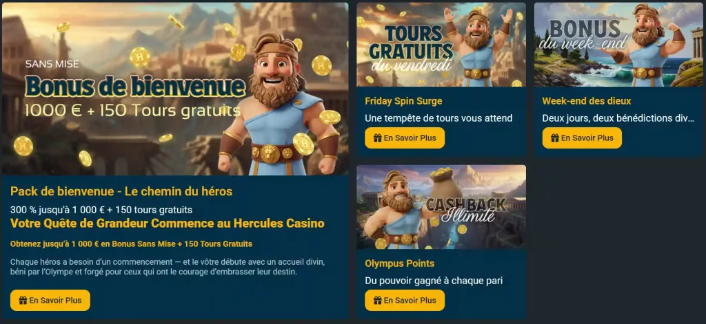 Hercules Casino bonus de bienvenue et promotions avec tours gratuits et cashback