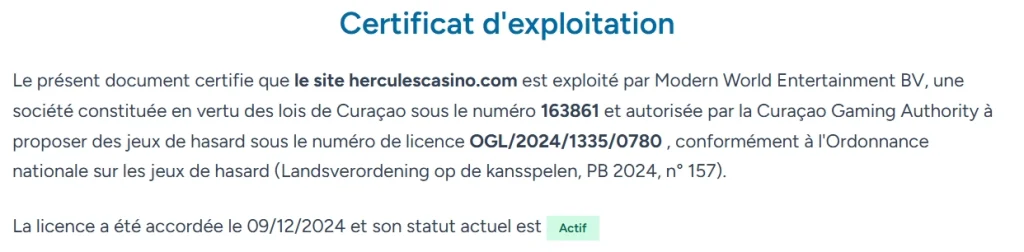Hercules Casino certificat d'exploitation et licence Curaçao Gaming Authority