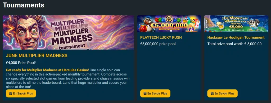 Hercules Casino tournois avec classements et cagnottes promotionnelles