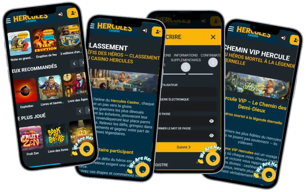 Hercules Casino version mobile avec jeux, inscription et programme VIP sur smartphone